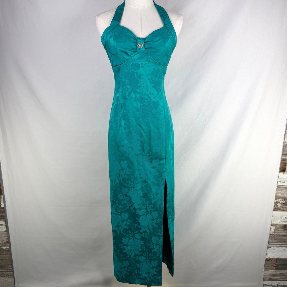 Vintage 90s Jessica McClintock Gunne Sax USA Jacquard Halter Maxi Dress 5/6 Y2K